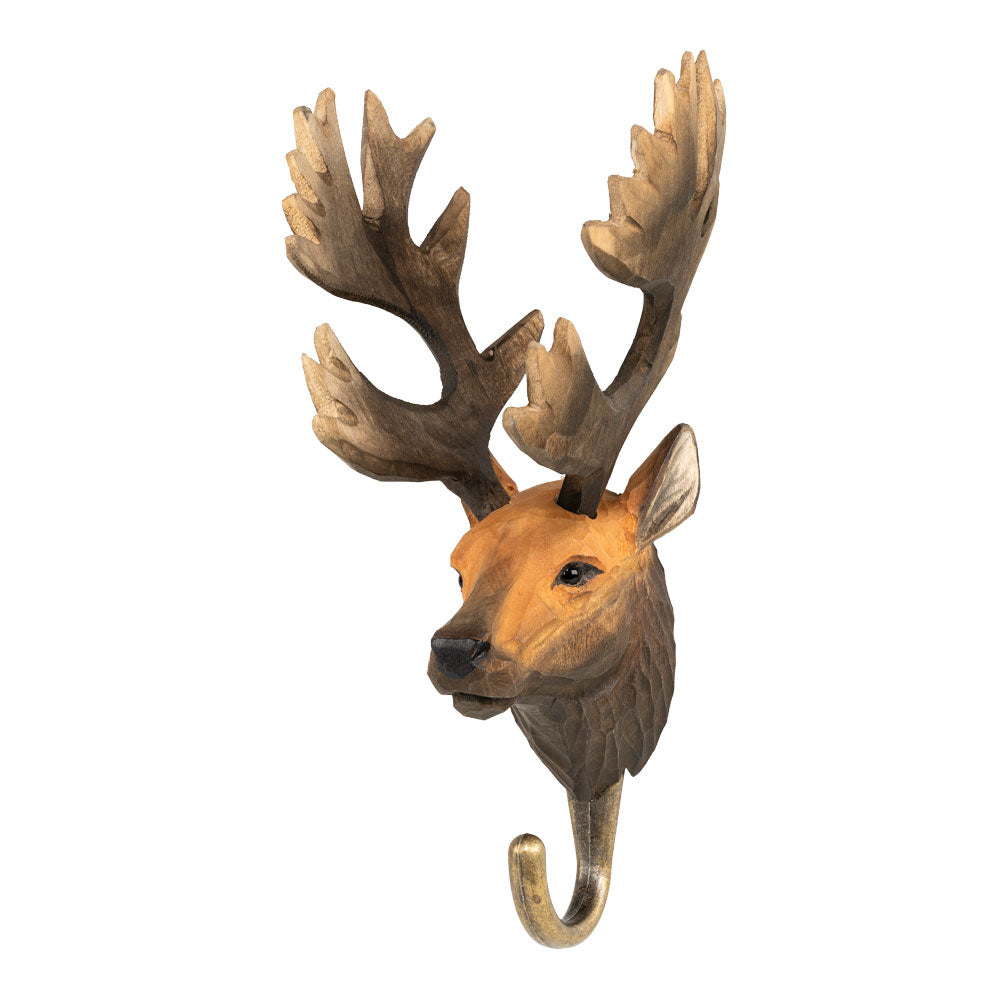 A decorative deer head wall hook with antlers, shown against a plain white background. The head is painted in warm brown and tan tones, with a gold-toned hook extending downward.
