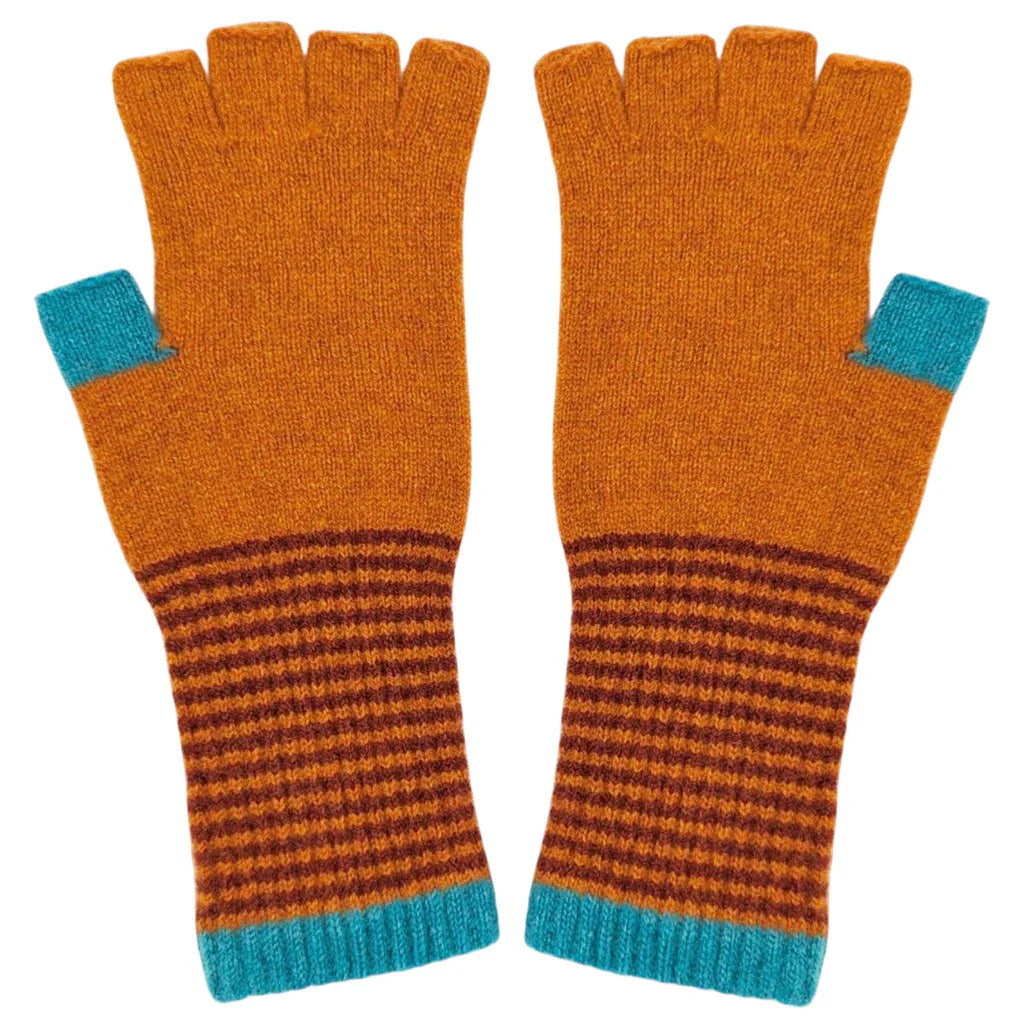Women's Lambswool Fingerless Gloves - Rust & Green