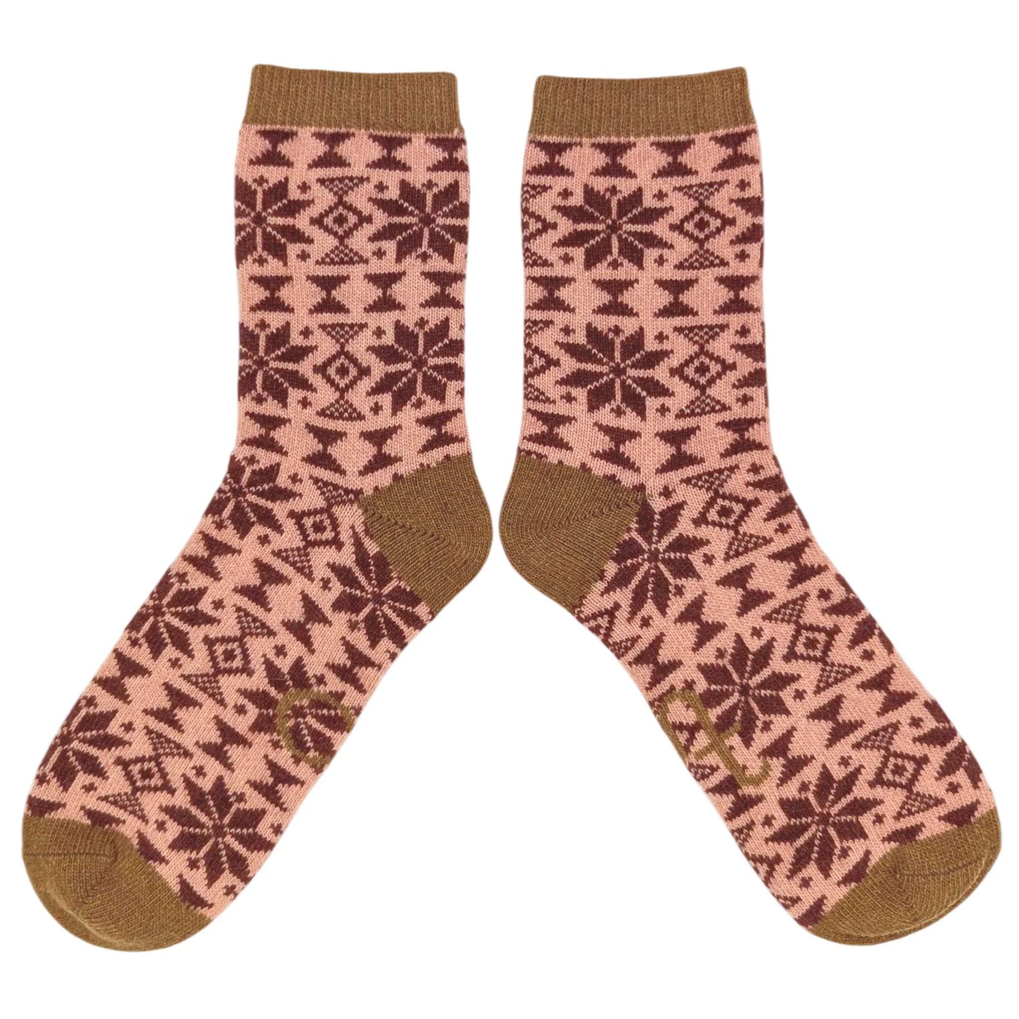 Women's Fairisle Lambswool Ankle Socks - Dusky Pink/Red