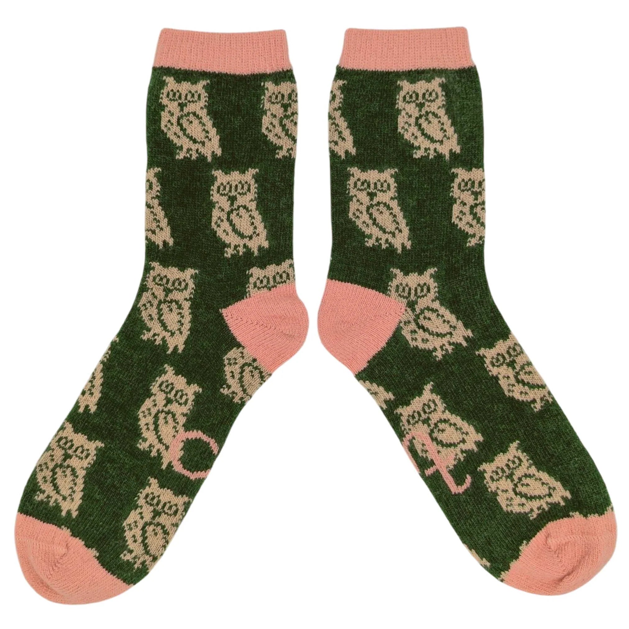 Women's Owl Lambswool Ankle Socks - Green/Pink