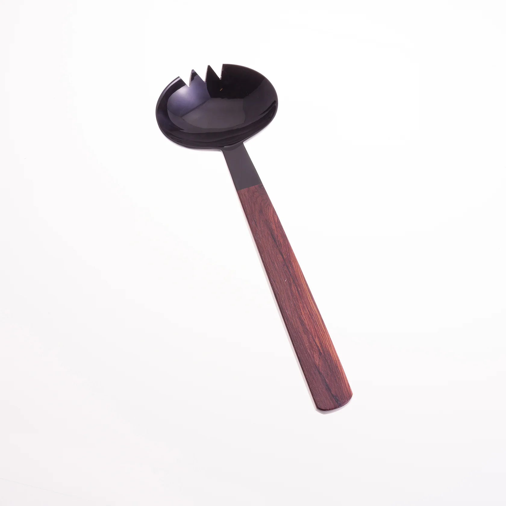 Black serving spoon with a dark wood handle and a slotted bowl.