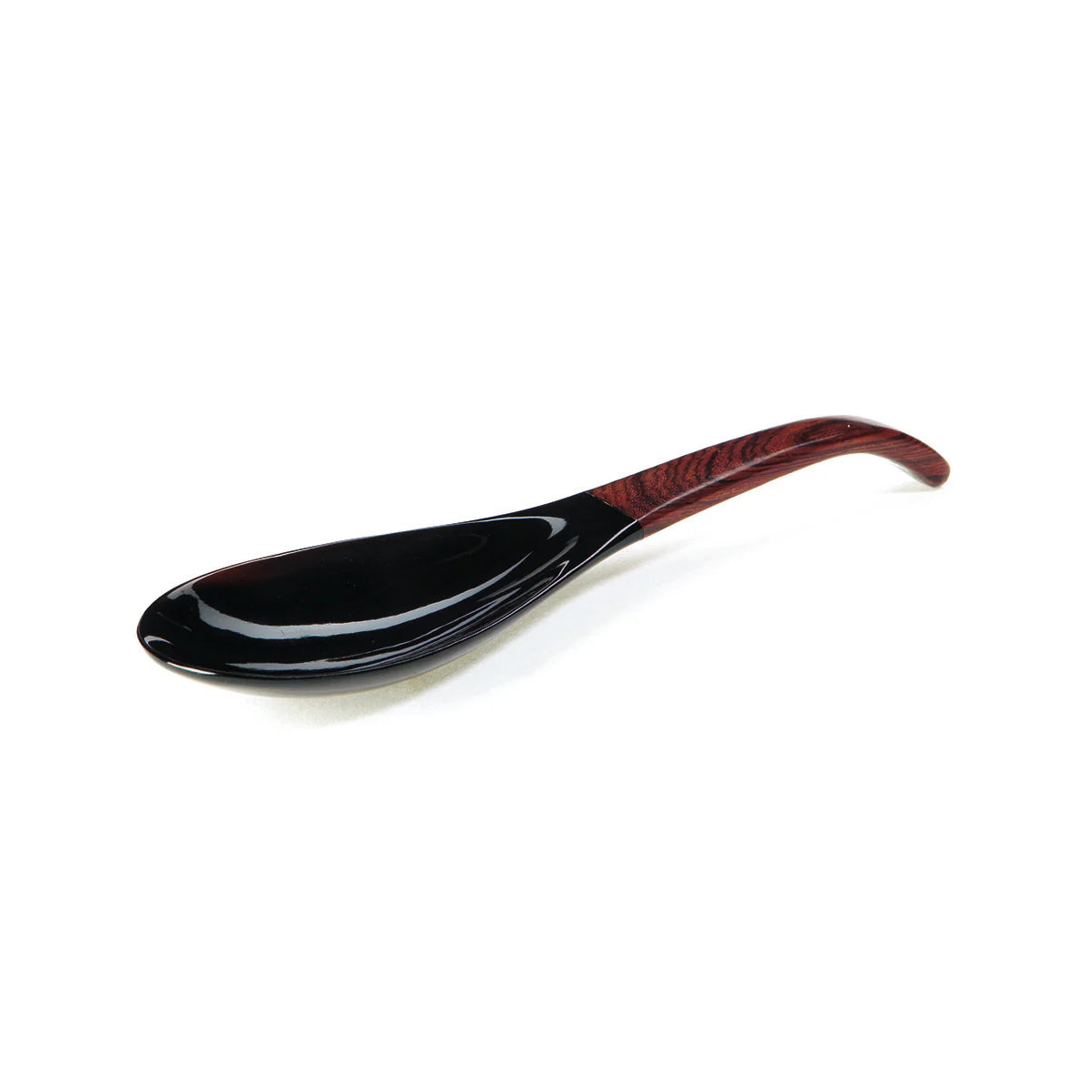 Black serving spoon with a dark reddish-brown wood handle.