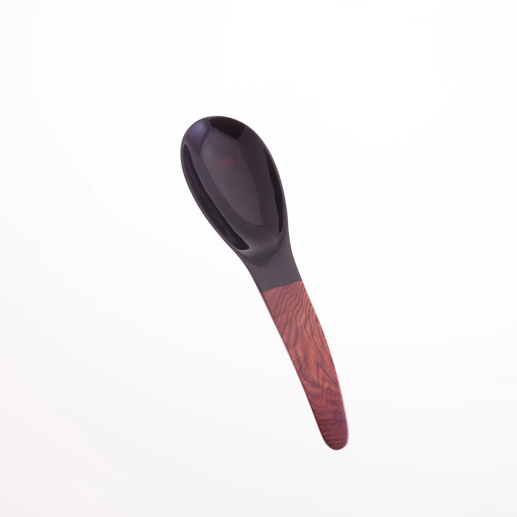 Black and dark-brown wooden serving spoon with a deep, oval bowl.