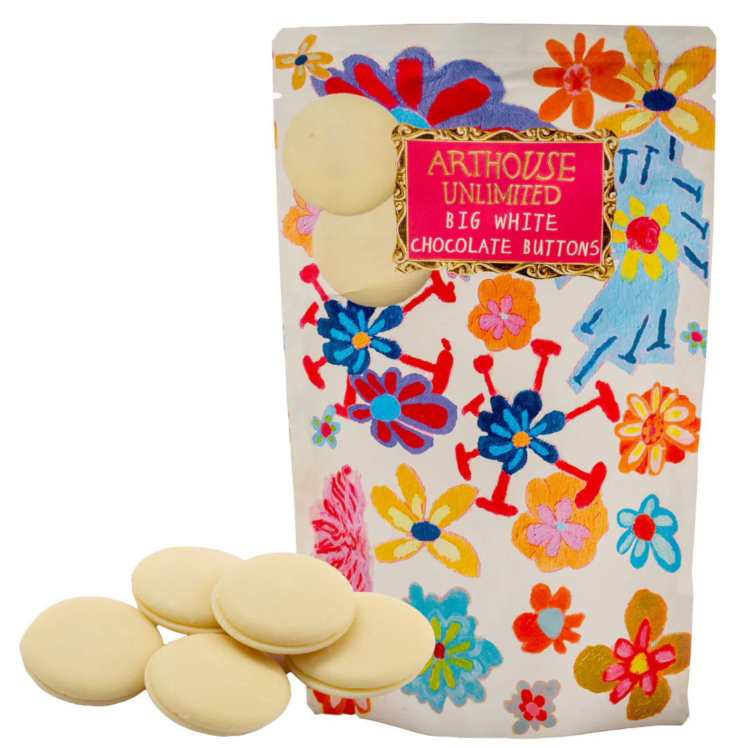 Packaging of Arthouse Unlimited Big White Chocolate Buttons with colorful floral design.