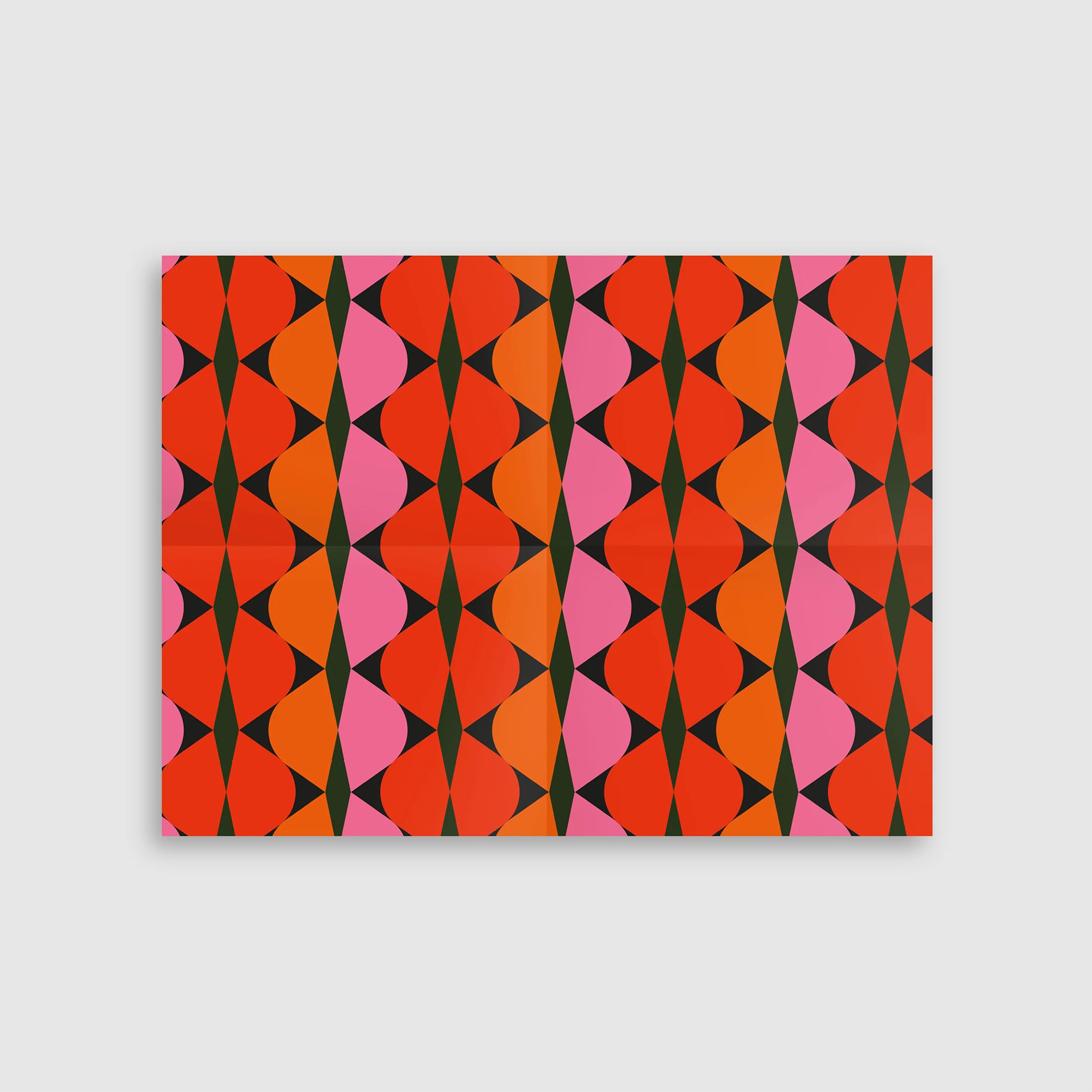Rectangular canvas with a geometric pattern of red, pink, and orange shapes on a white background