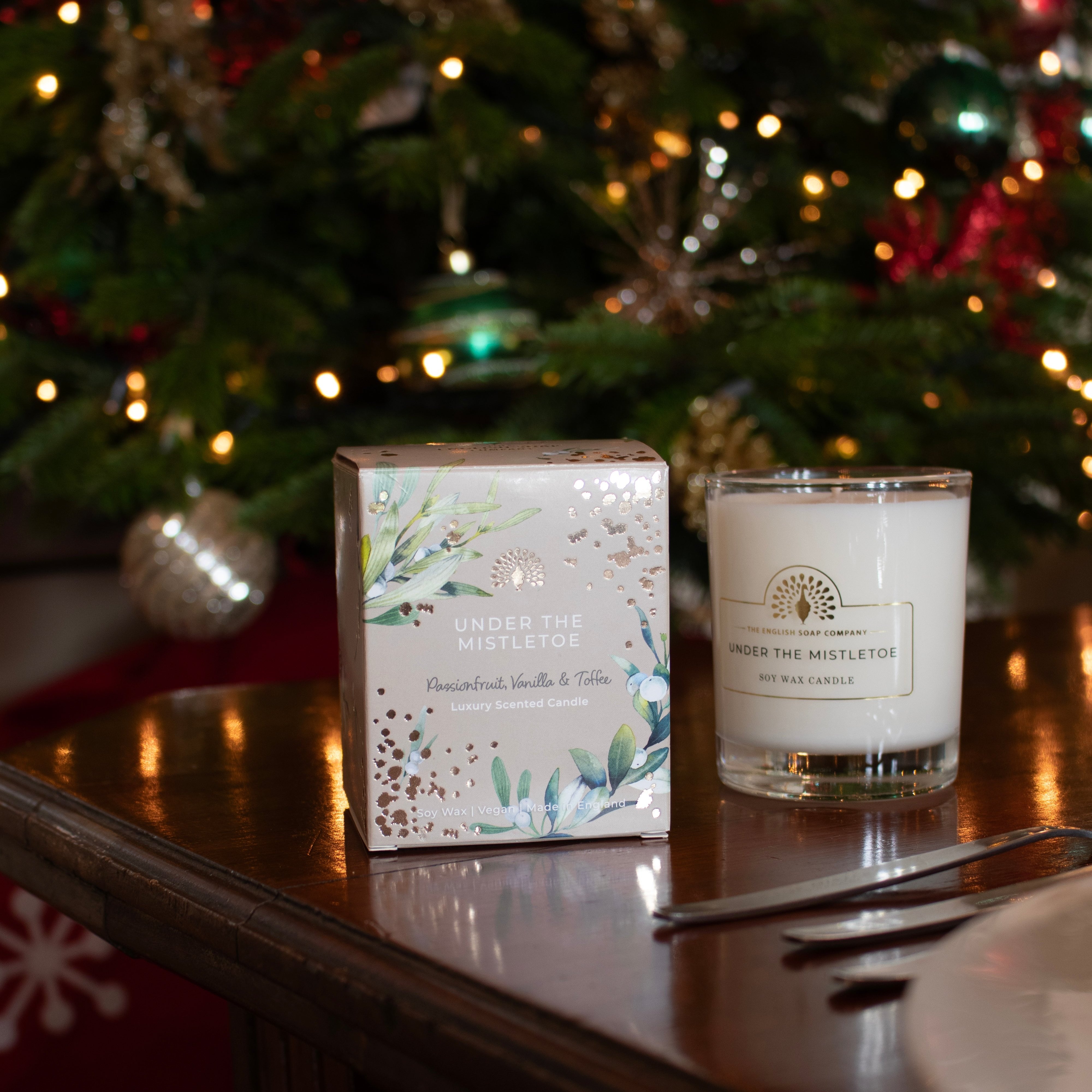 Under the Mistletoe luxury scented candle by The English Soap Company.  Passionfruit, vanilla & toffee fragrance.