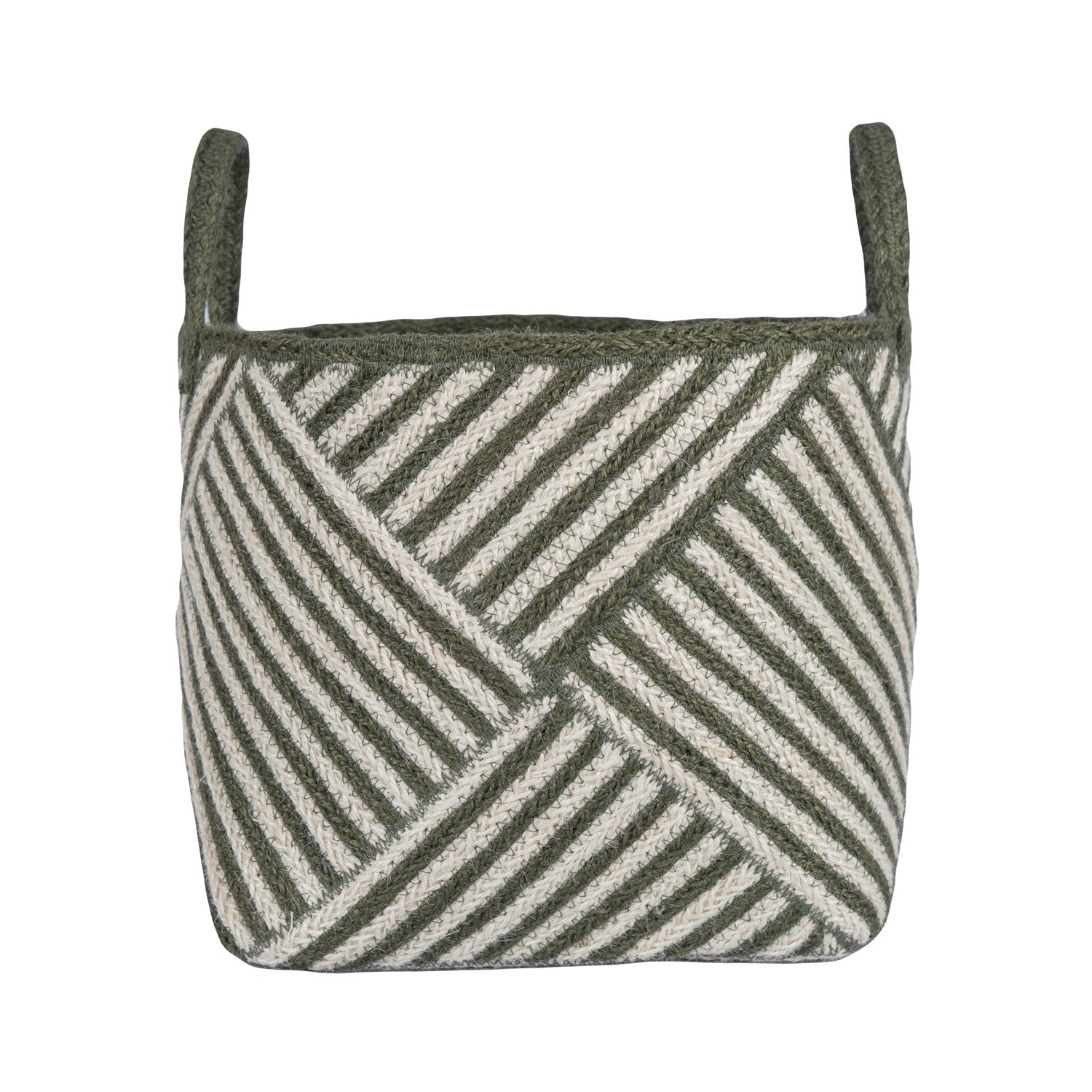 Olive green and cream striped jute storage basket with two handles.