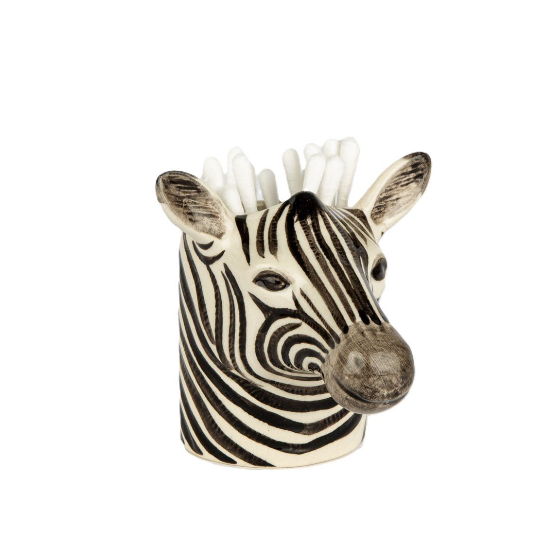 Zebra-shaped ceramic toothpick holder on a white background