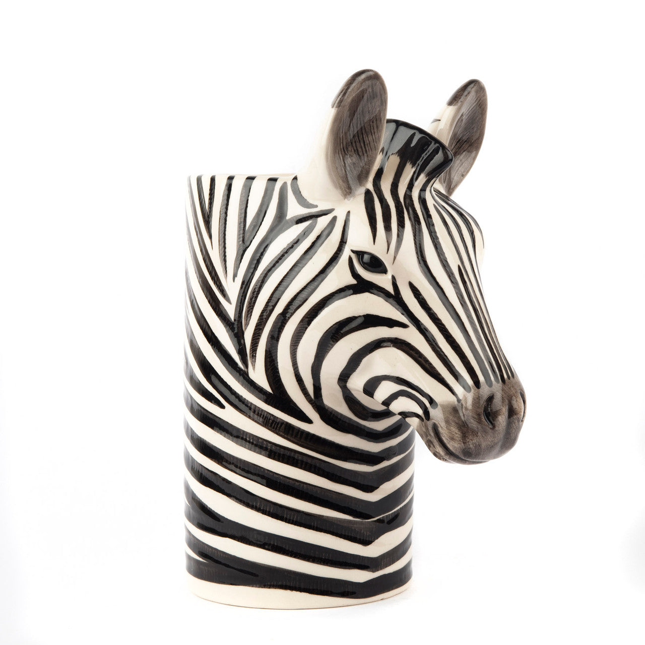 Ceramic zebra head vase; black and white stripes; detailed features.