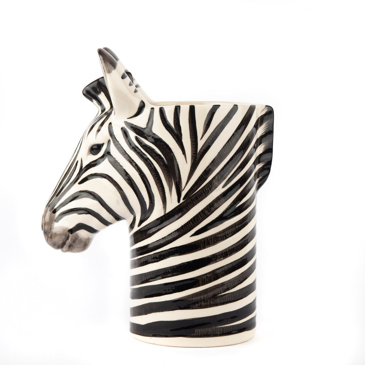 Ceramic zebra-shaped vase; black and white stripes; detailed head and neck.