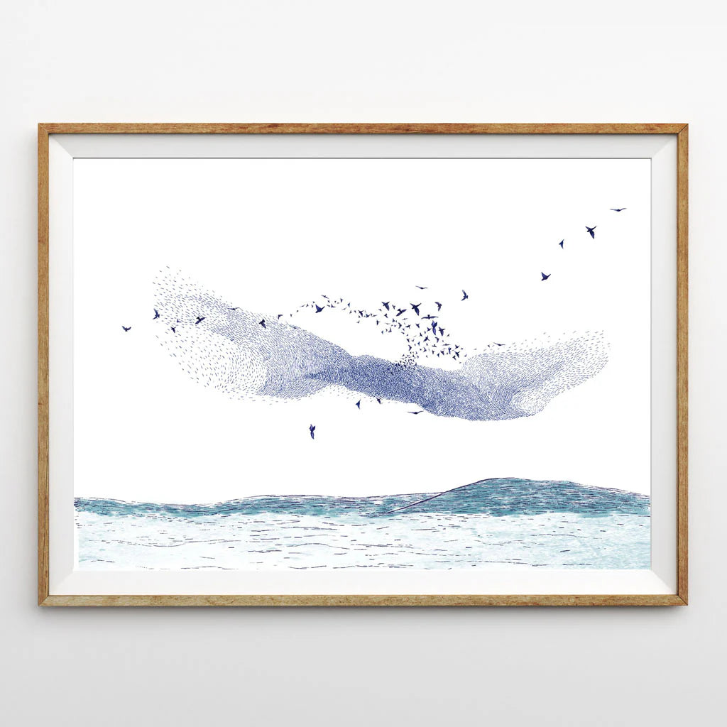 Framed print depicting a large flock of birds in flight above a stylized ocean scene.