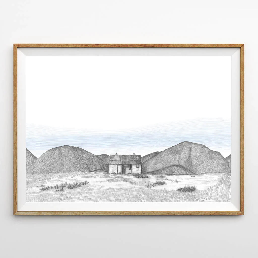 Pen-and-ink drawing of a small cottage in a mountainous landscape.