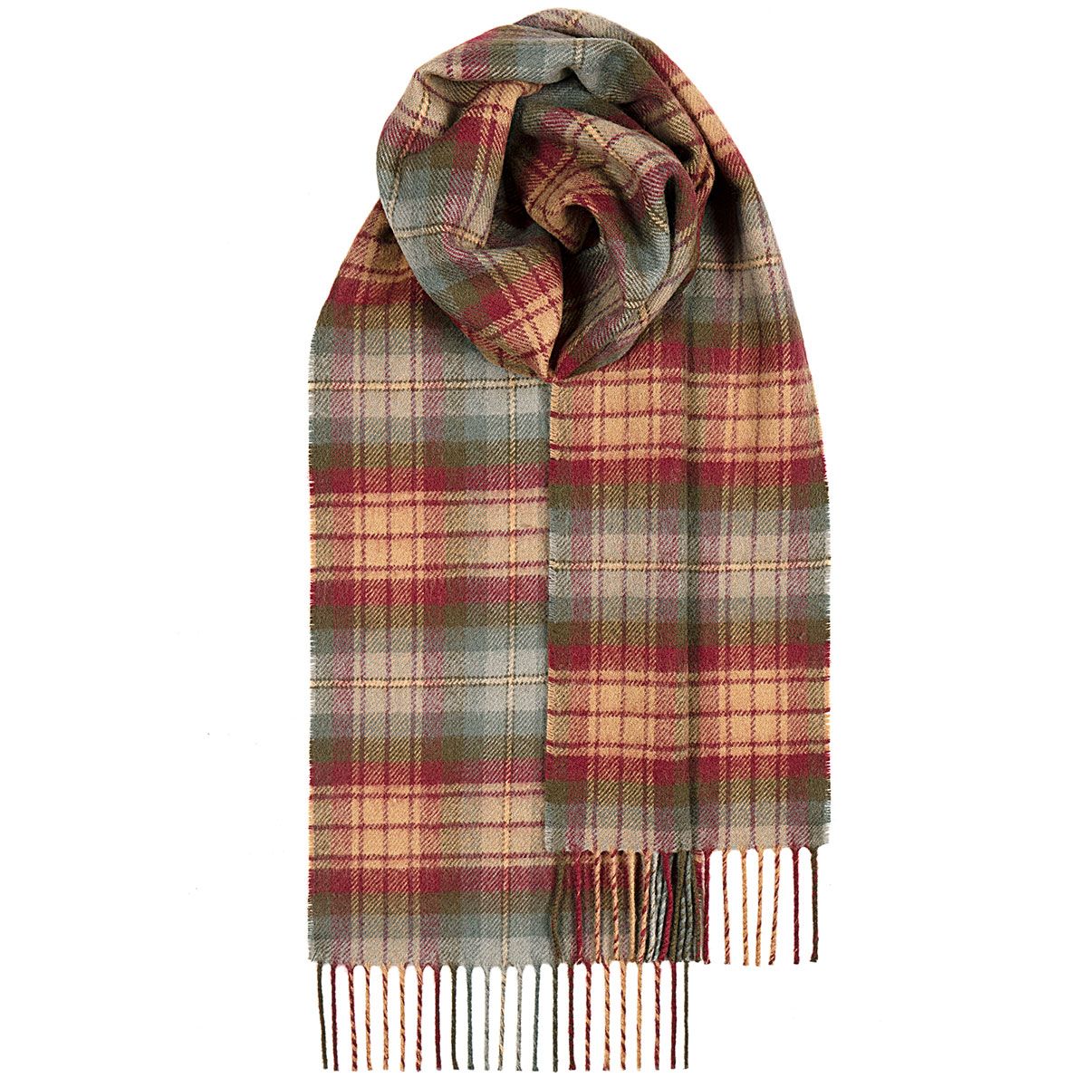 Red, beige, and green plaid wool scarf with fringed edges.