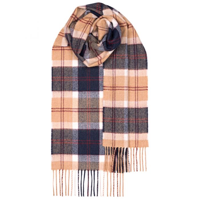 Beige and navy plaid wool scarf with fringed edges.