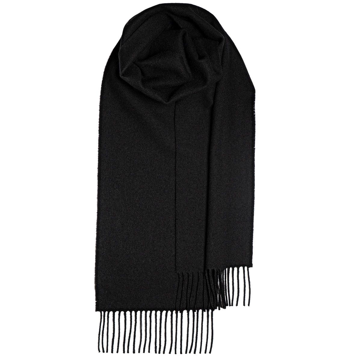 Black cashmere scarf with fringed edges, folded and displayed against a white background.