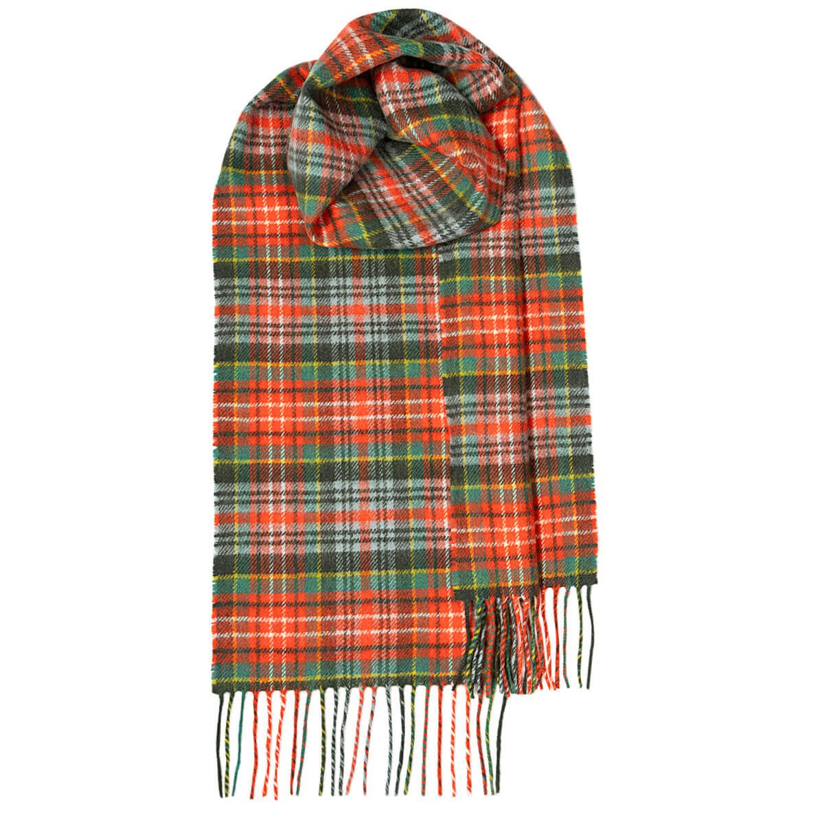 Orange and green plaid wool scarf with fringed edges.