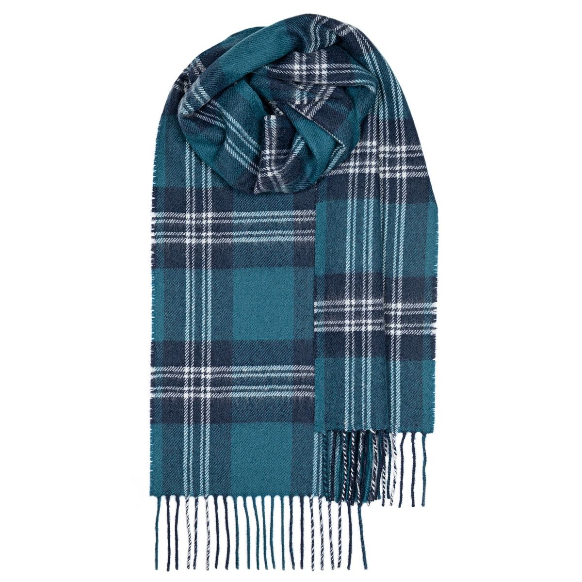Teal and navy plaid scarf with fringed edges.