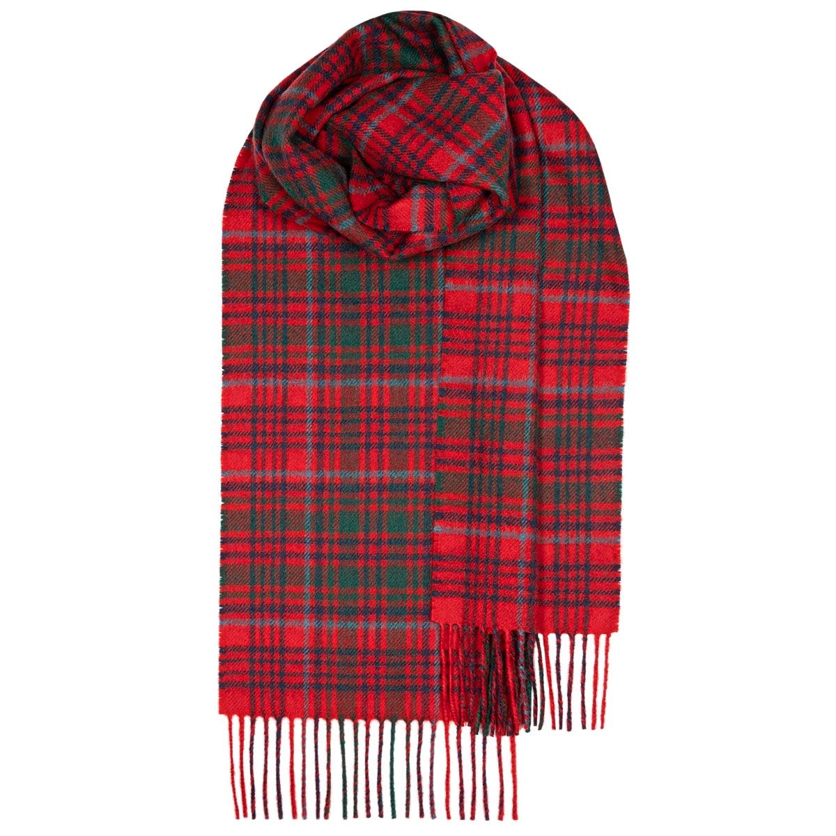 Red and green plaid wool scarf with fringed edges, folded.