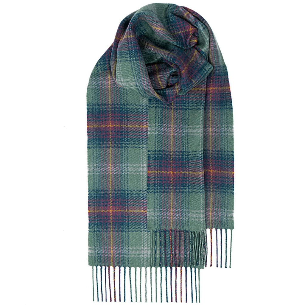 Green, purple, and gold plaid scarf with fringed edges.