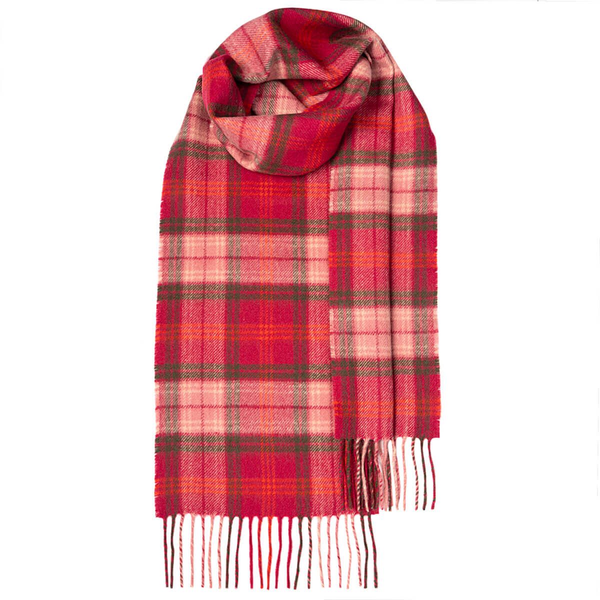 Red and pink plaid wool scarf with fringed edges.