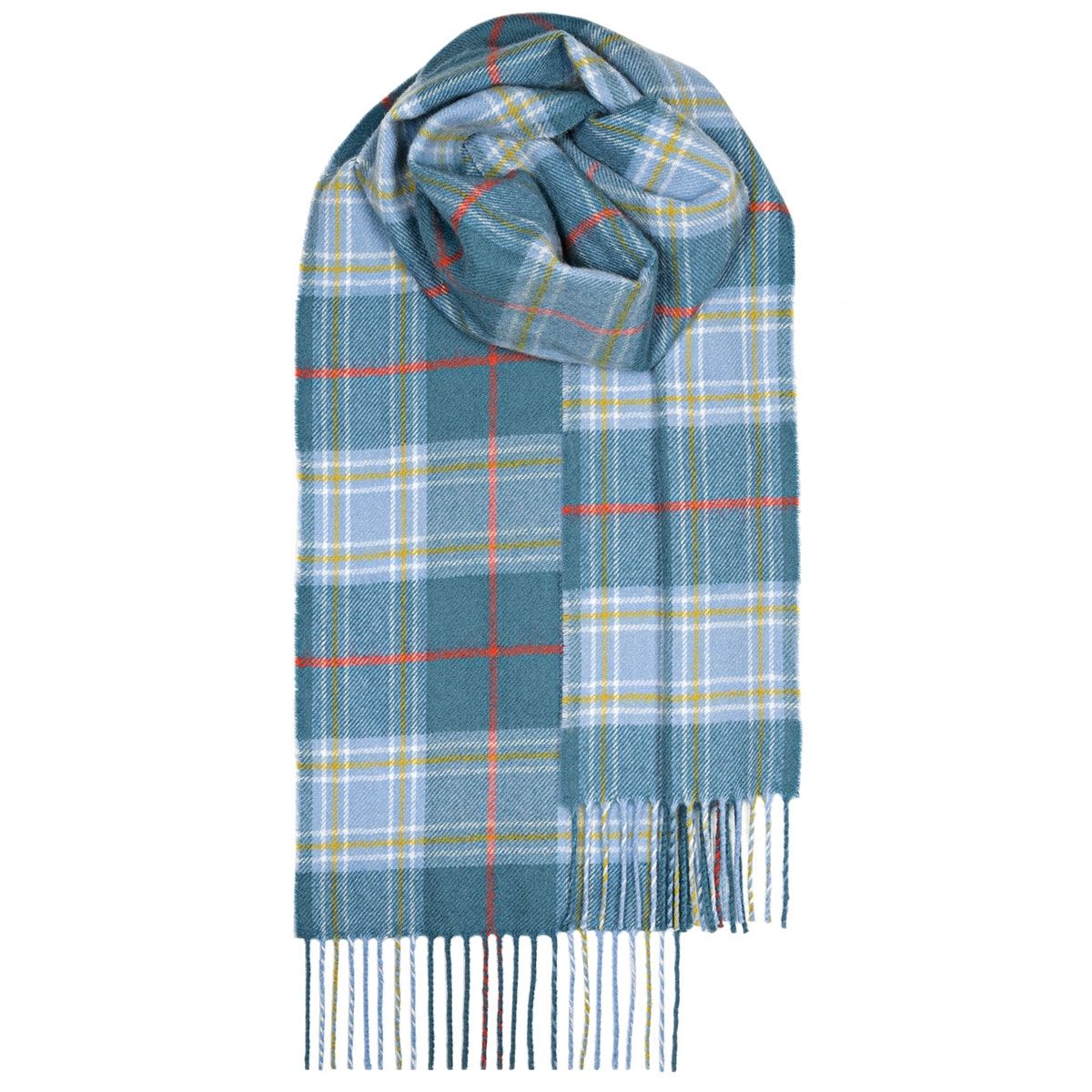 Teal and light blue plaid scarf with orange and yellow accents, fringed edges.