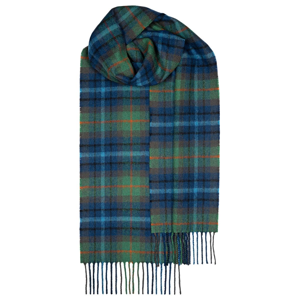 Blue and green plaid wool scarf with fringed edges.