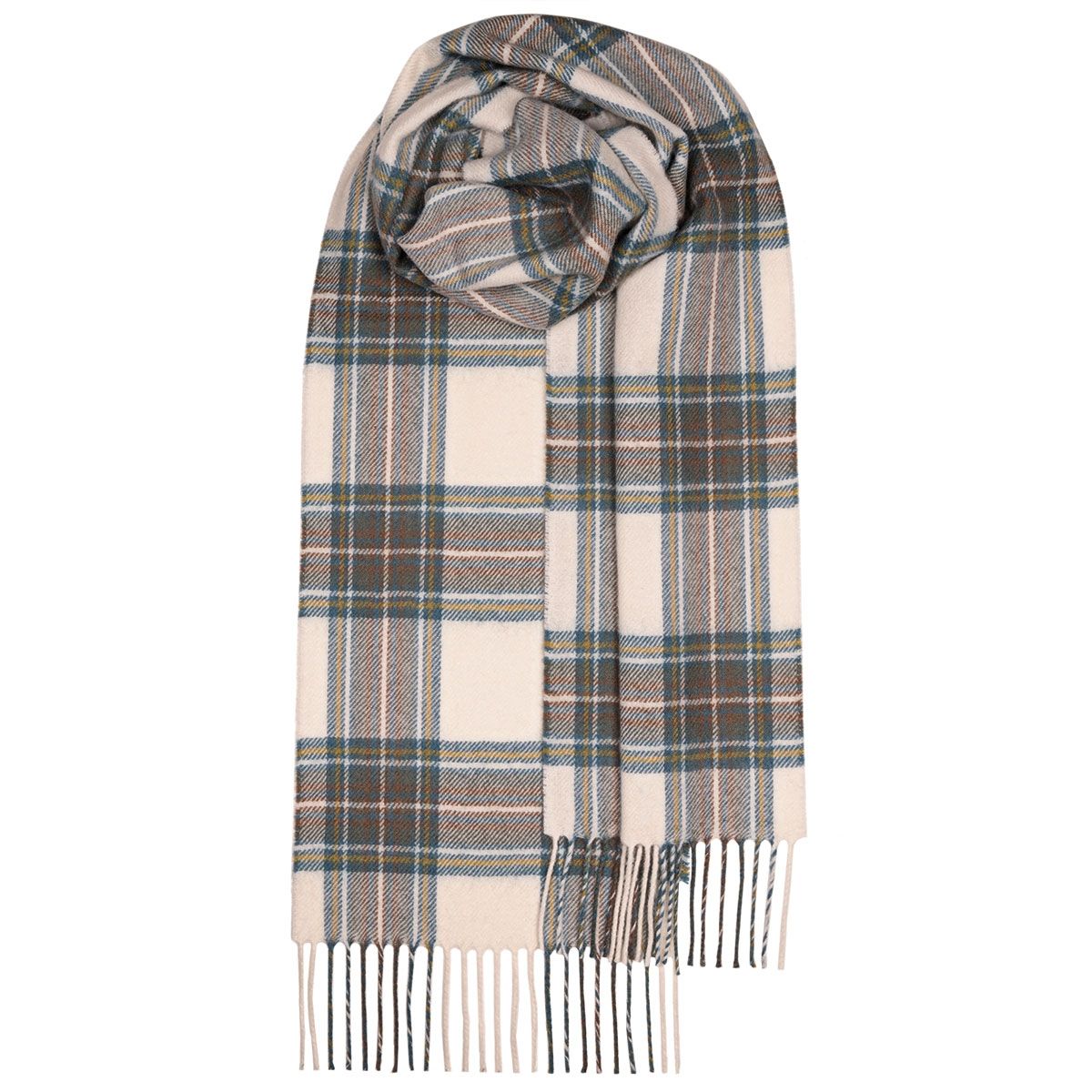 Cream-colored plaid scarf with teal, brown, and beige stripes, featuring fringed edges.