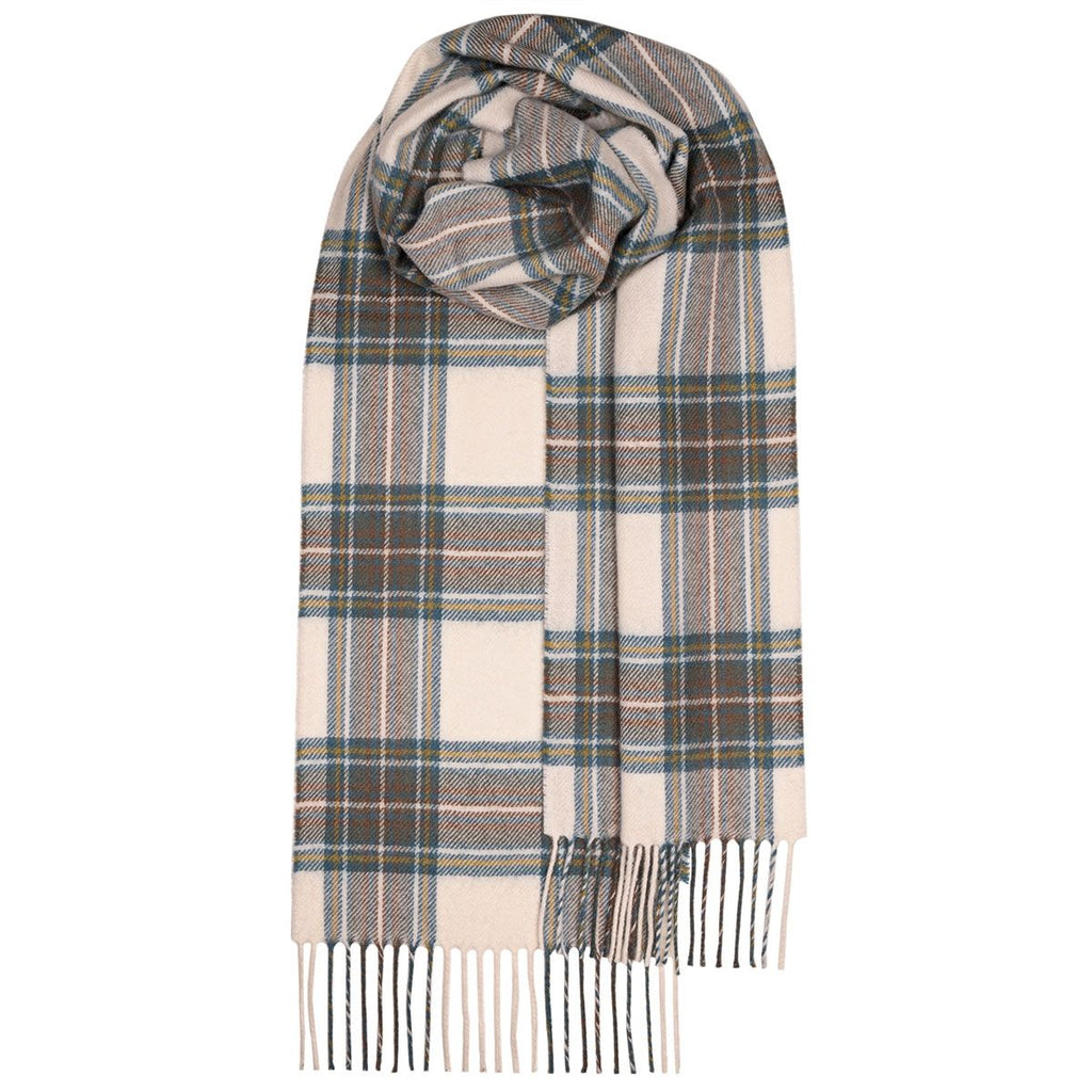 Cream-colored plaid scarf with teal, brown, and beige stripes, featuring fringed edges.