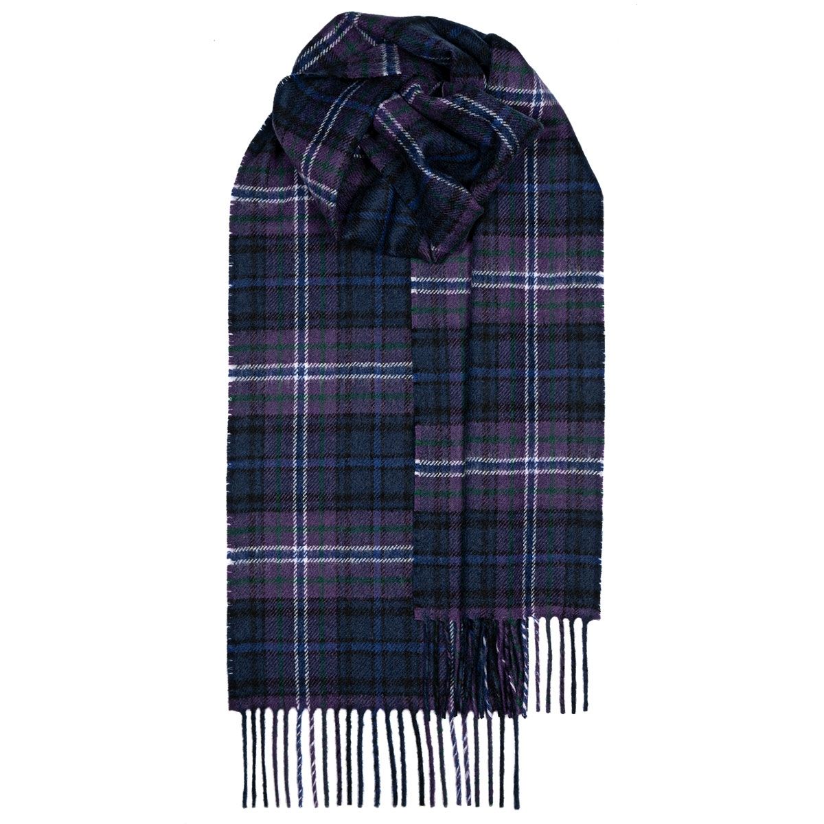 Purple and navy blue plaid wool scarf with fringed edges.