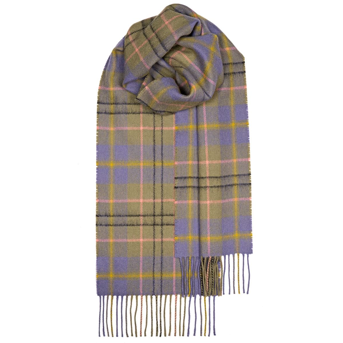 Purple, olive, and pink plaid wool scarf with fringed edges.