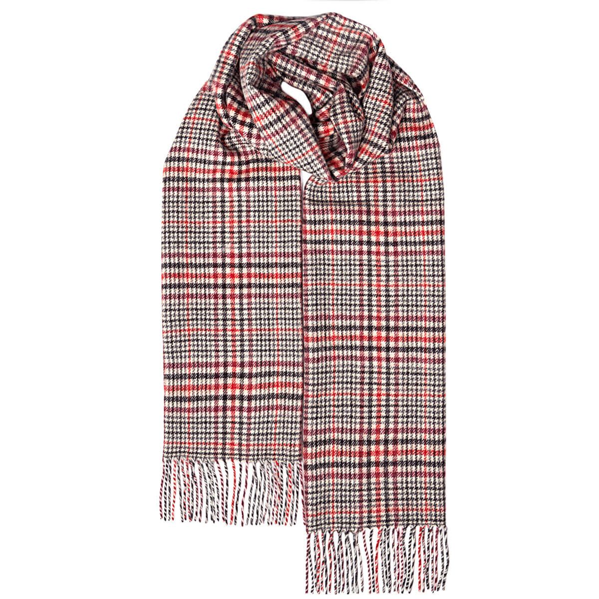 Red, black, and beige plaid wool scarf with fringe.