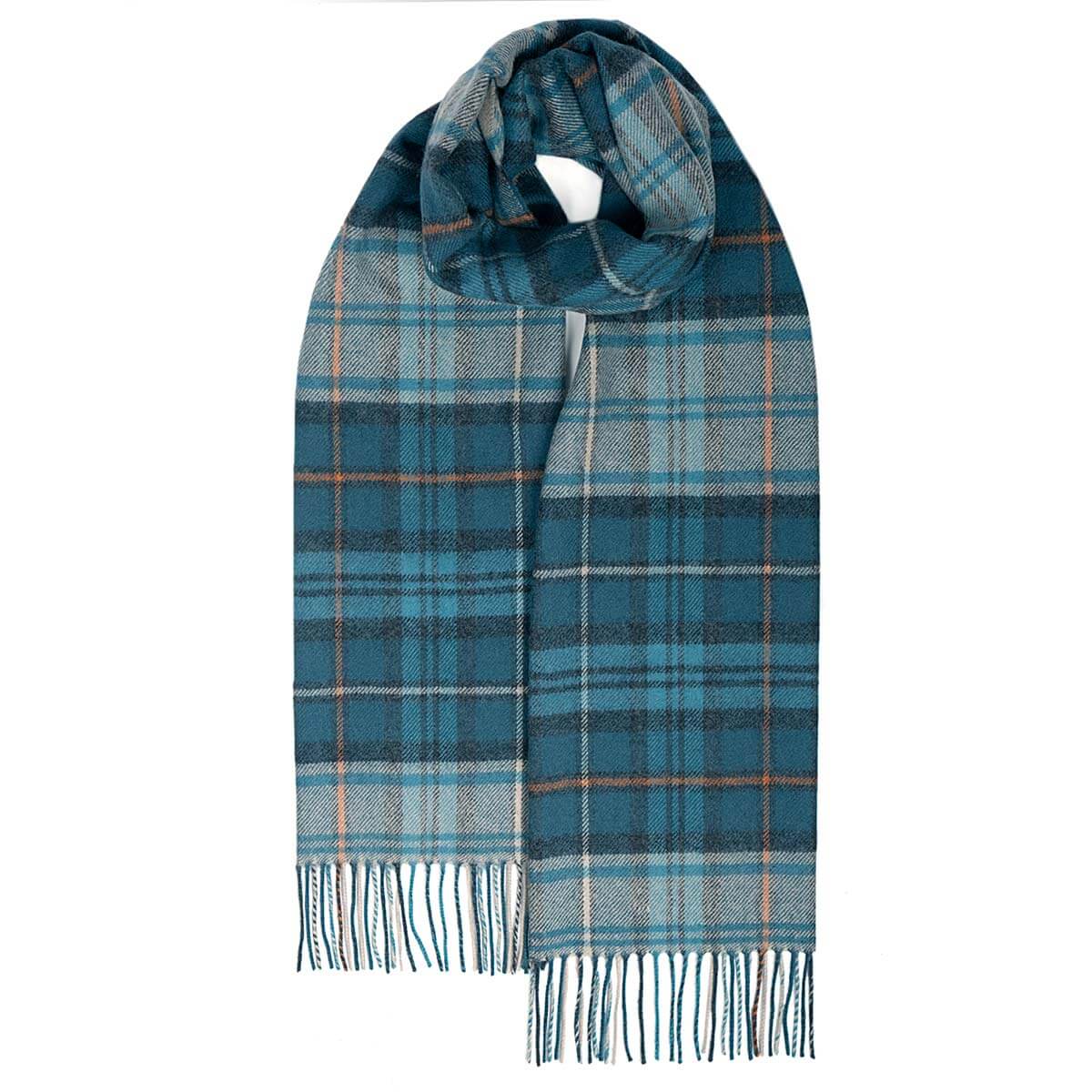 Blue plaid scarf with fringes on a white background