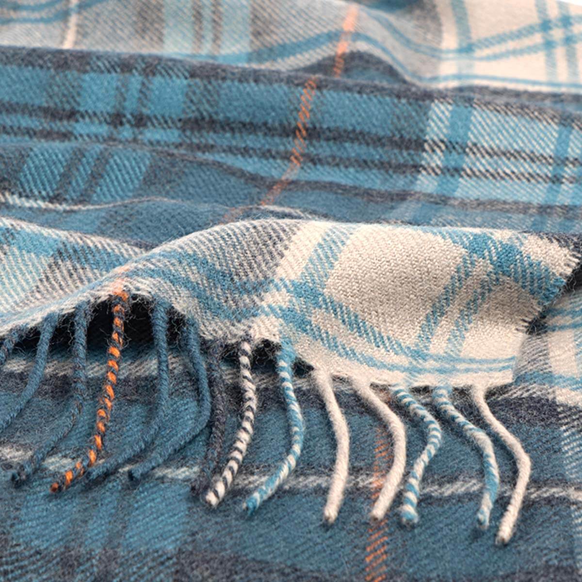 Close-up of a blue and gray plaid fabric with a fringed edge.