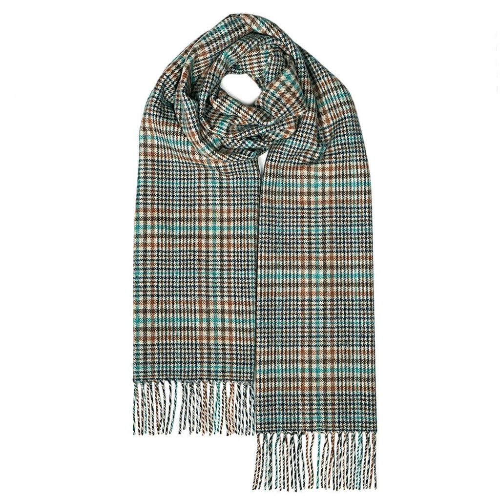Woven scarf with teal, brown, and beige houndstooth pattern and fringed edges.