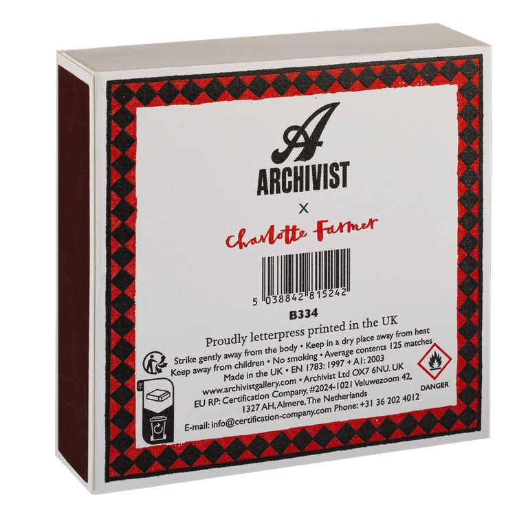 A boxed product package shown at a slight angle on a white background. The box front features a large white label with black and red text and graphics, including the Archivist and Charlotte Farmer branding, a barcode, and a red-and-black diamond pattern border.