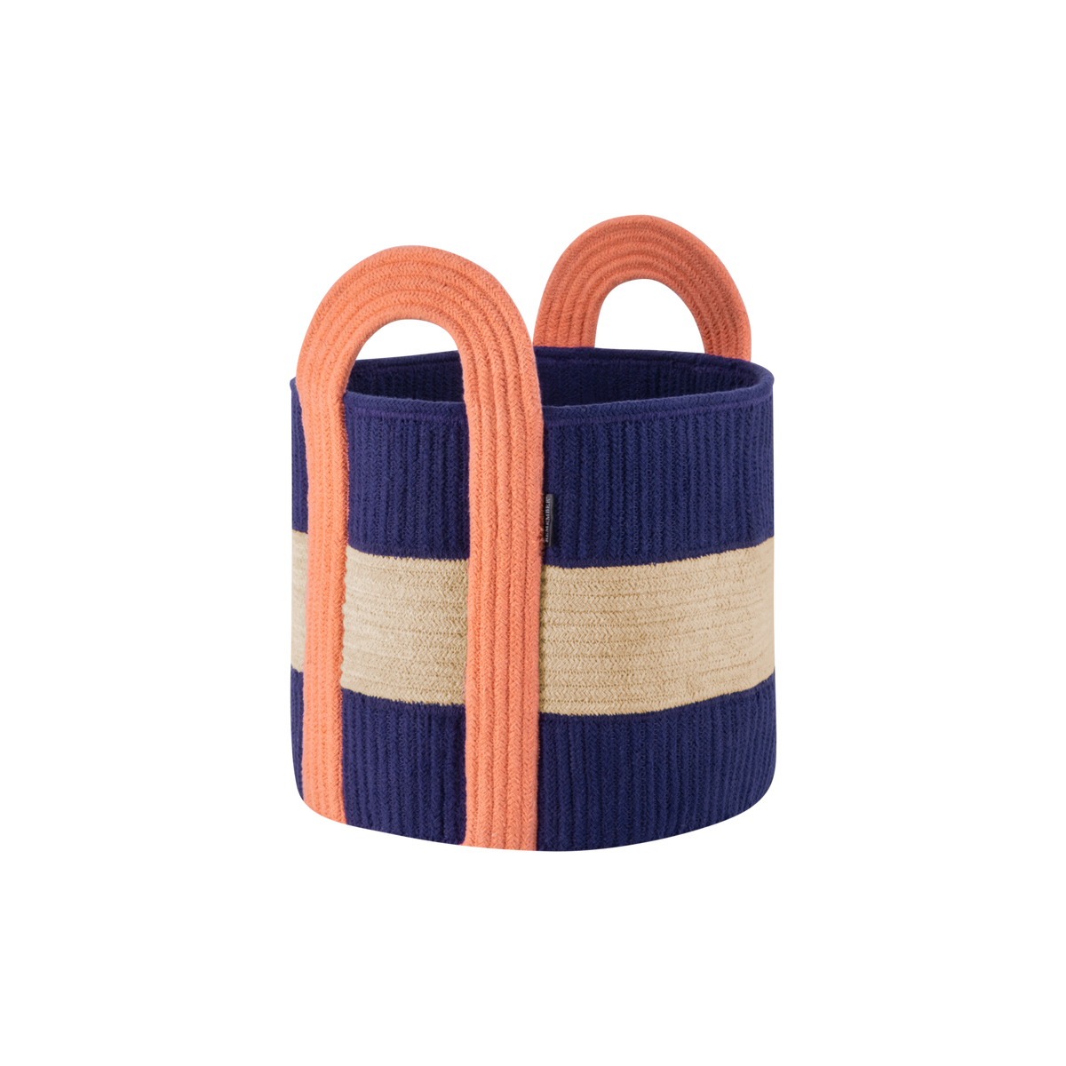 Woven basket with striped pattern and orange handles on a white background