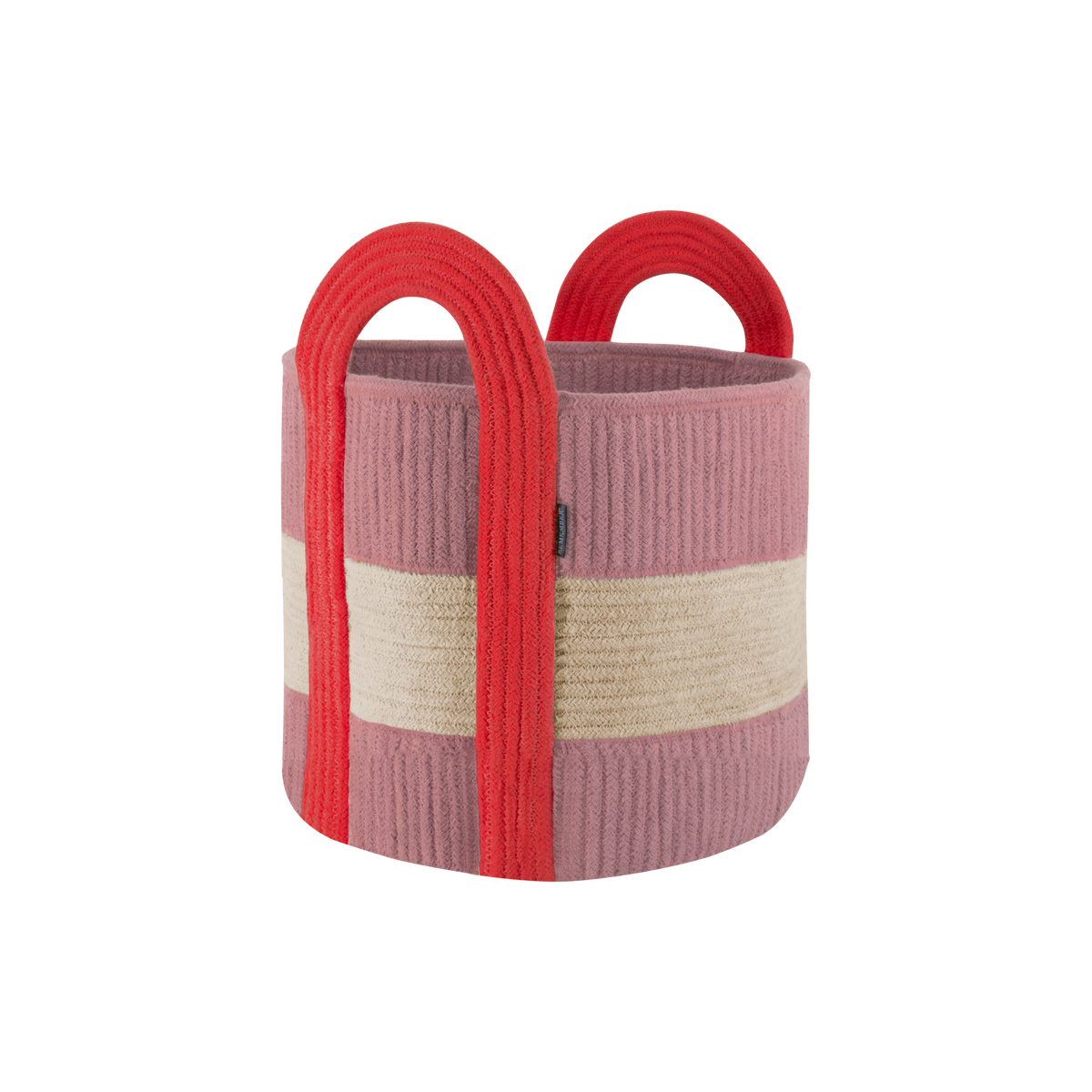 Woven basket with red handles on a white background