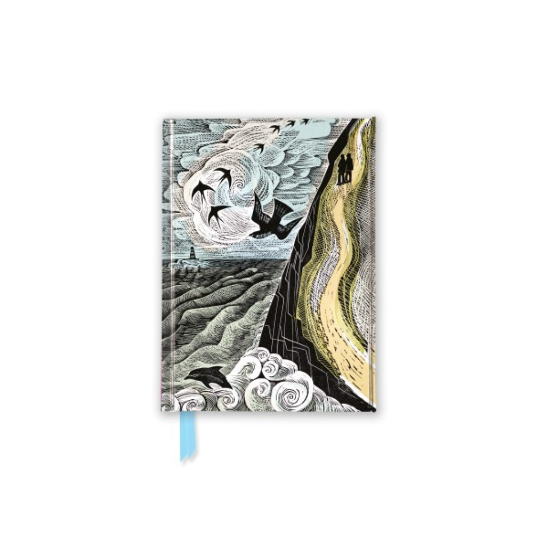 Notebook with illustrated cover depicting a coastal cliff scene, birds in flight, and figures walking a path.