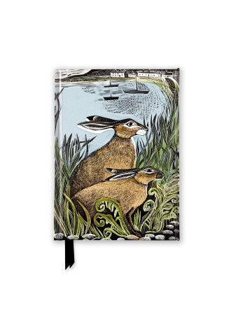 Notebook cover featuring two hares nestled in tall grass near a coastal scene with boats.