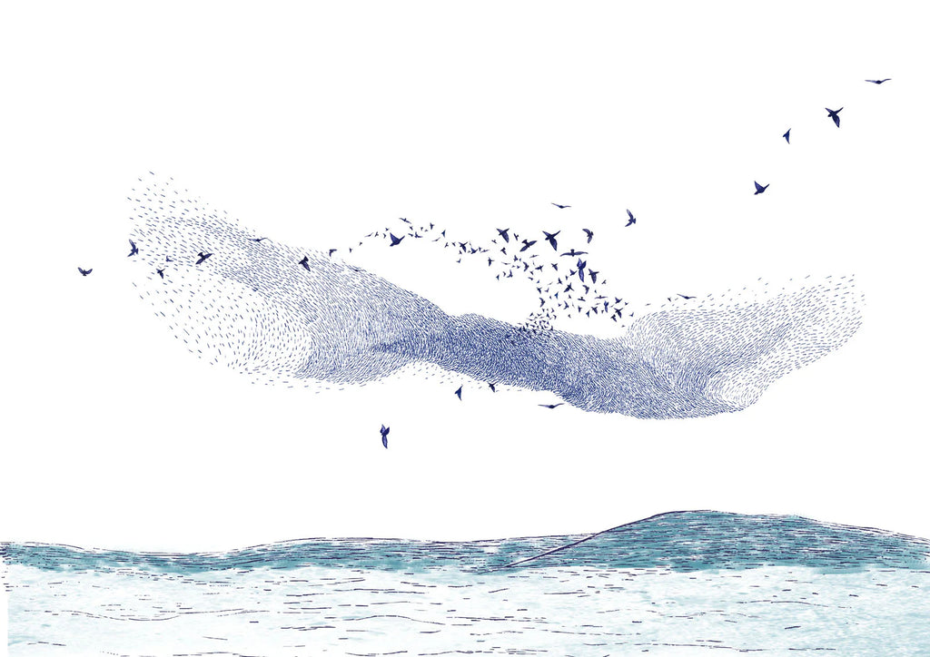 Abstract illustration of a large flock of birds in flight, forming a wave-like shape above a stylized landscape.