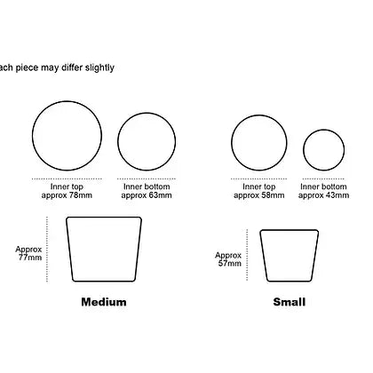 Diagram showing dimensions of medium and small tapered cups;  medium cup: 77mm high, 78mm top diameter, 63mm bottom