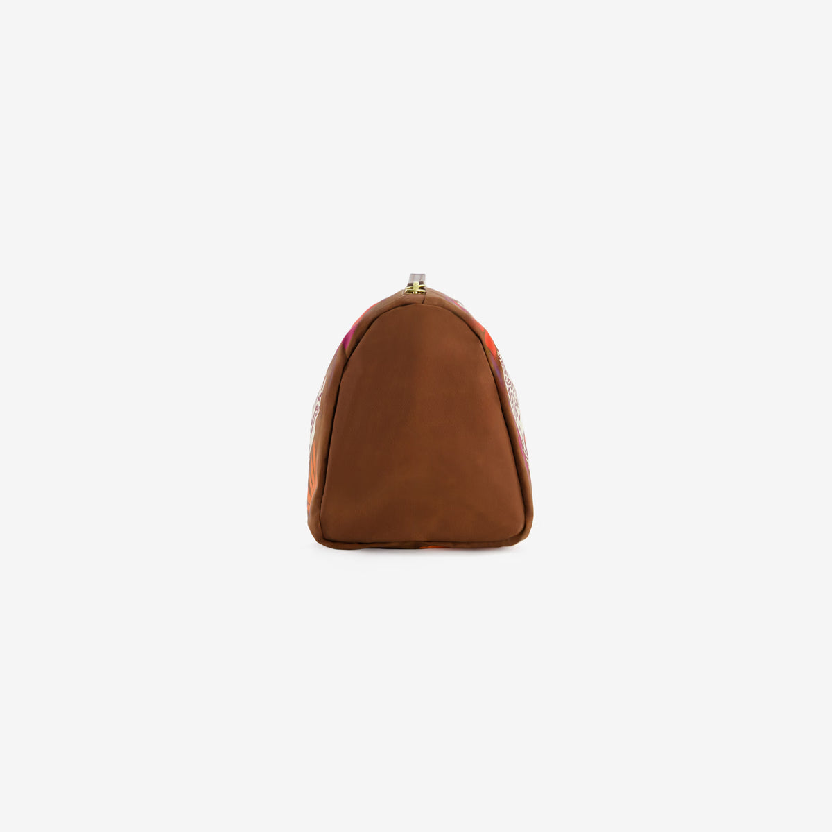 A brown leather clutch bag with a gold-tone metal clasp closure, shown from the back against a plain white background.