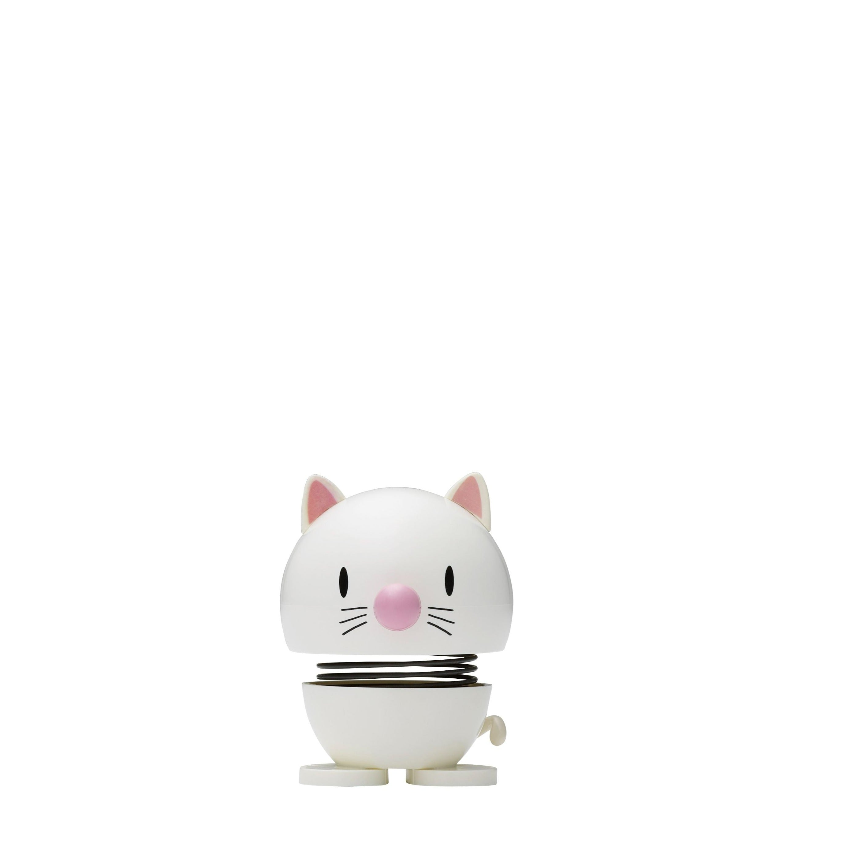 White bobblehead cat toy with pink ears and nose, supported by a spring.