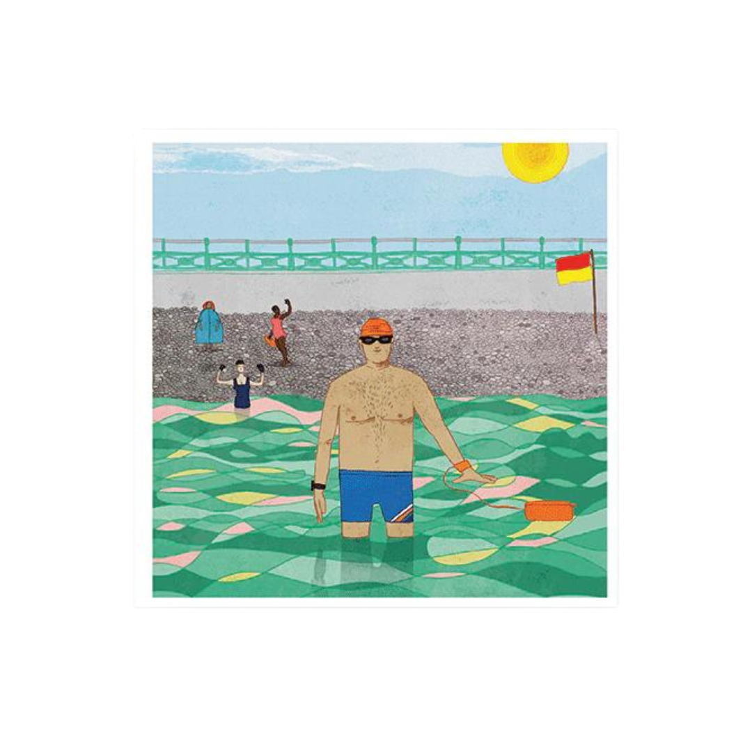Illustration of a man in swim trunks and cap waist-deep in stylized green water, holding a bright orange buoy.
