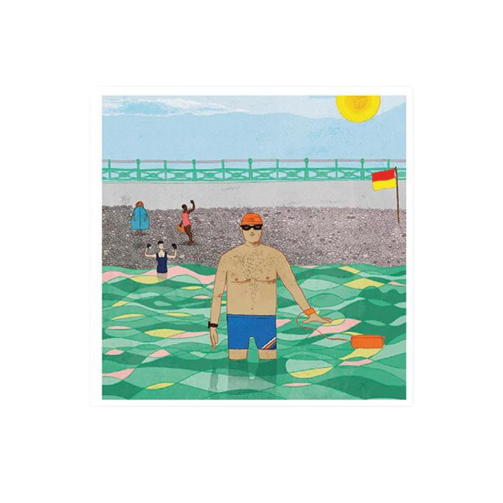 Illustration of a man in swim trunks and cap waist-deep in stylized green water, holding a bright orange buoy.