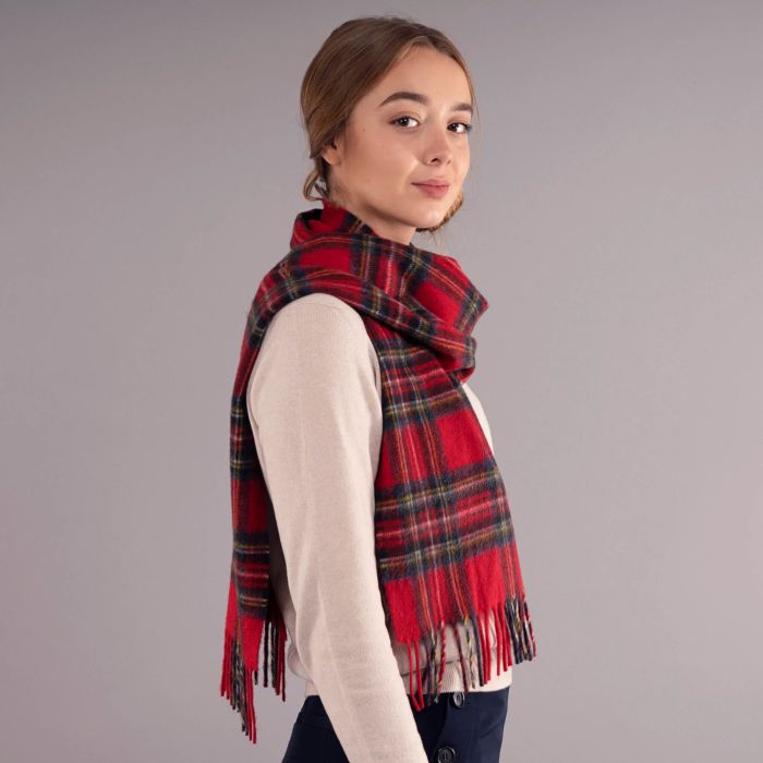 Red and navy tartan wool scarf with fringed edges.