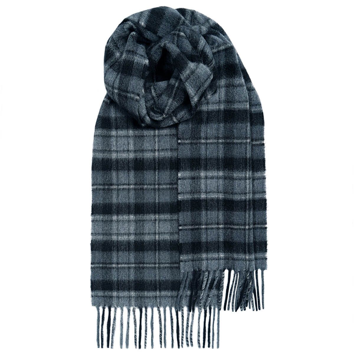 Blue and gray plaid wool scarf with fringed edges.