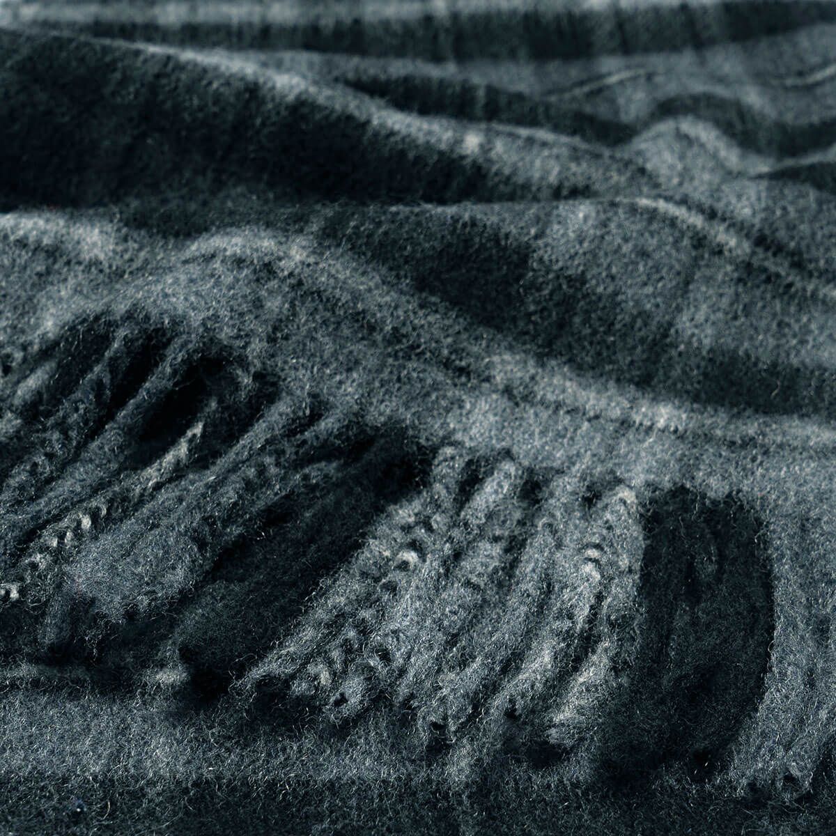 Dark gray woolen scarf with textured fringe detail.