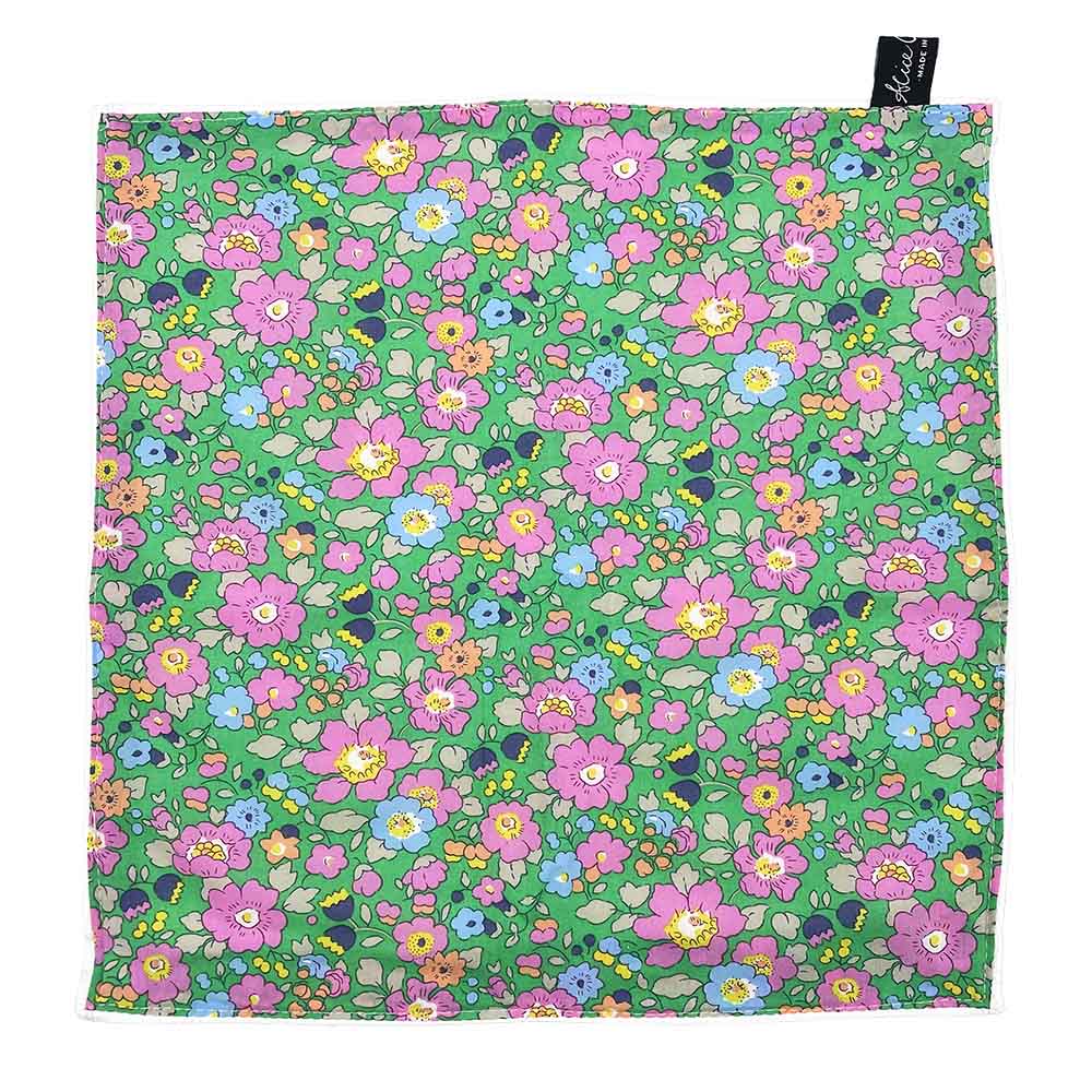 Green floral pocket square with pink, light blue, and orange flowers.
