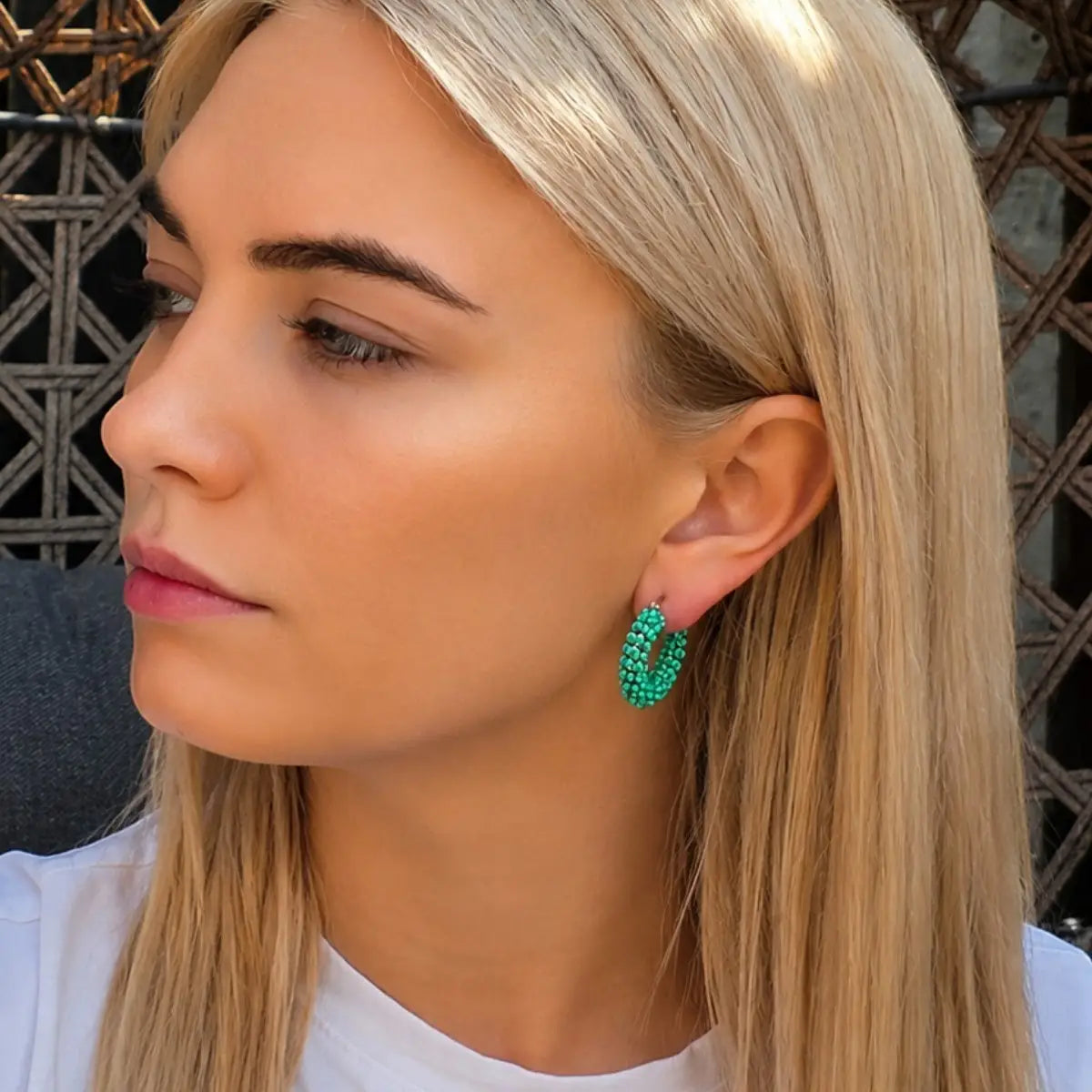 Beaded Mini Hoop Earrings - Green